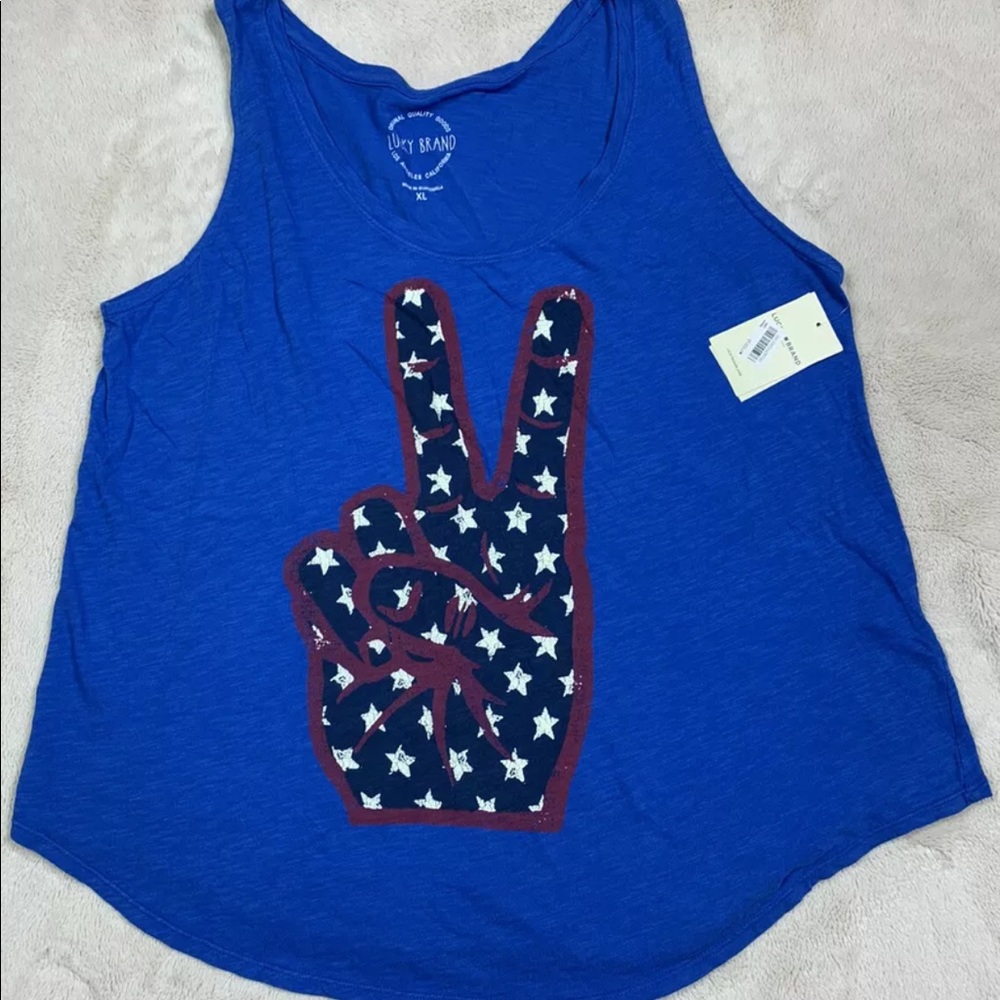 NWT'S Lucky Brand Peace Sign Tank Top Women's SZ XL Blue Patriotic Retro Cute